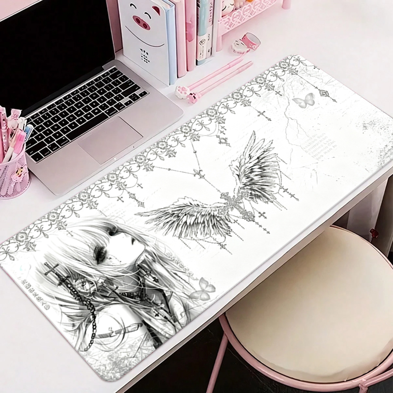 Desk Setup Cozy - Leather Mousepad Black White Anime Aesthetics